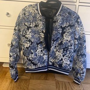 Reversible BlankNYC Bomber, Blue Floral Stitching/Black Faux leather. Size  M